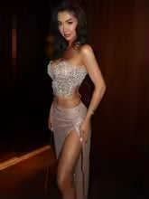 Elegant Strapless Backless Mesh Sequins Beading Skirt Set