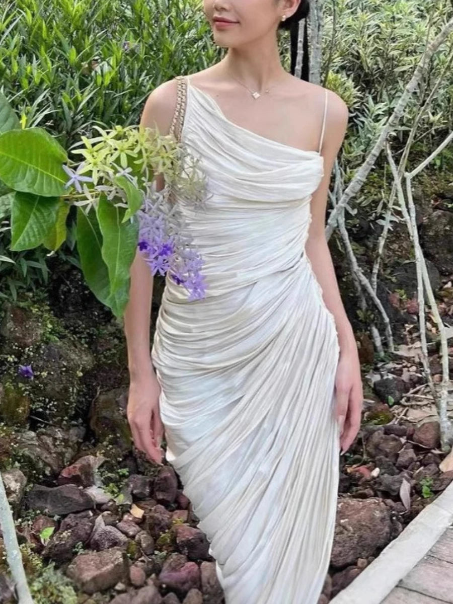 Elegant Diagonal Collar Sleeveless Patchwork Slimming Irregular Folds Maxi Dress