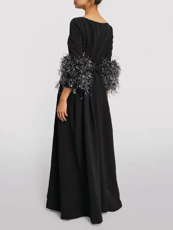Elegant Feathers Half Sleeve Boat Neck Pleated Solid Color Floor Length Wrap Evening Maxi Dress
