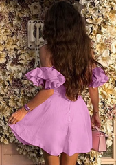 Elegant Slash Neck Short Sleeve Classic Pleated Mini Dress