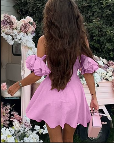 Elegant Slash Neck Short Sleeve Classic Pleated Mini Dress