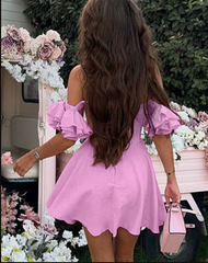 Elegant Slash Neck Short Sleeve Classic Pleated Mini Dress