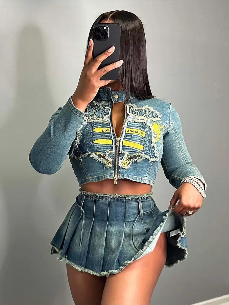Elegant Fall Ripped Letter Embroidery Zip Jacket And Pleated Skirt 2 Piece Set