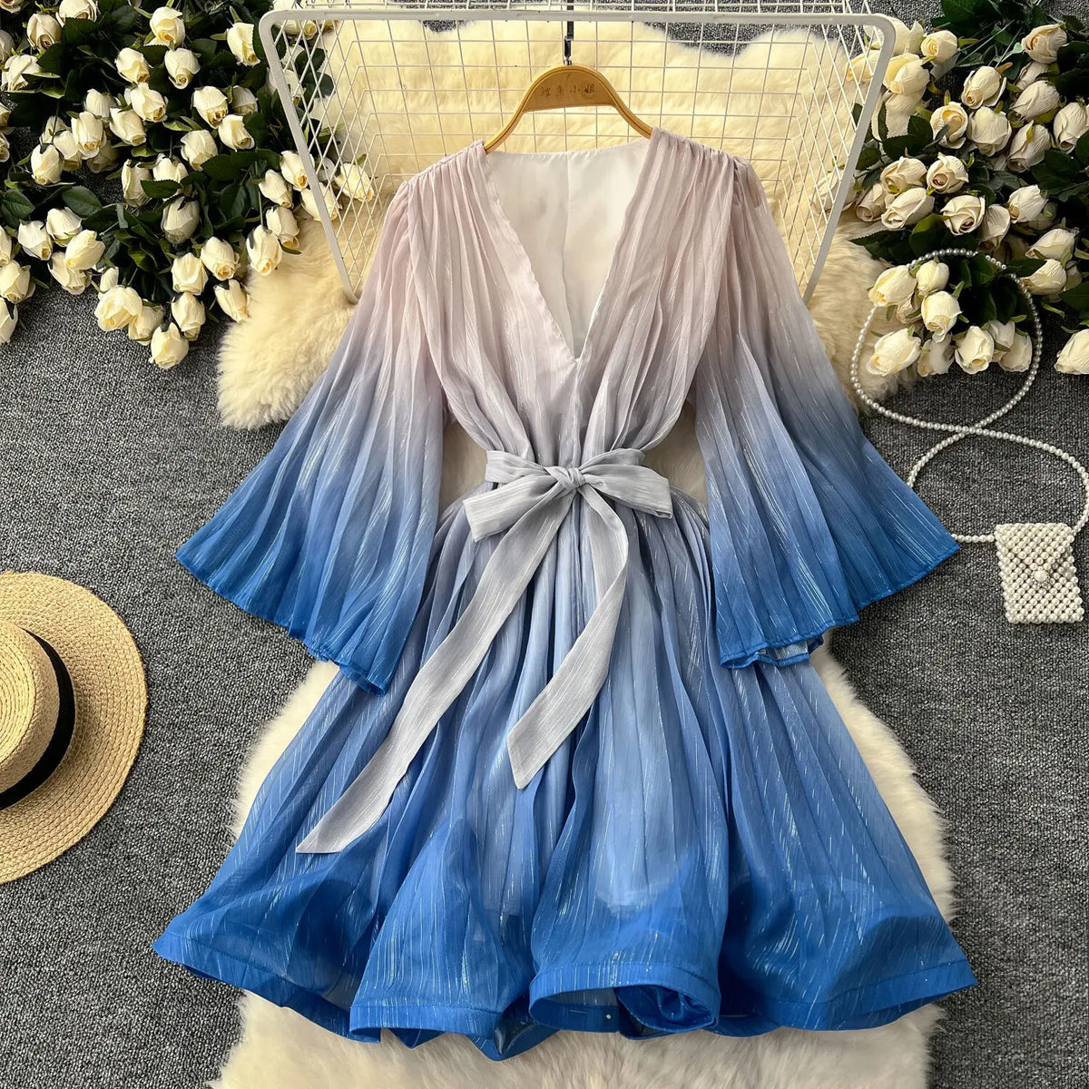 Casual Lace Up V-Neck Gradient Loose Mid Dresses