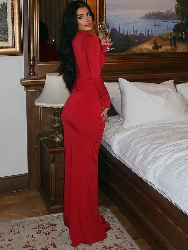 Elegant Turtleneck Hollow Out Side Slit Flower Maxi Dress