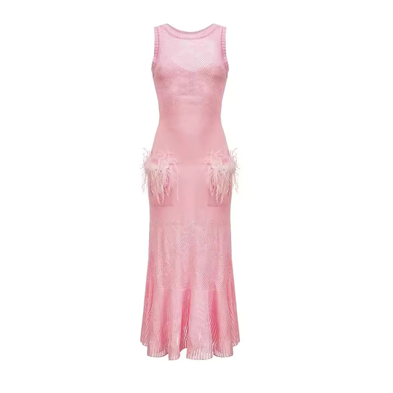 Elegant Hollow Out Knitted Feather Long Mermaid Sleeveless Dress