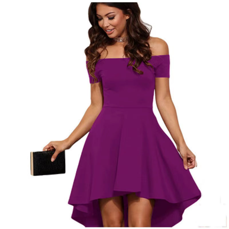 Elegant Slash Neck One Shoulder Knee-Length Short Sleeve Dress