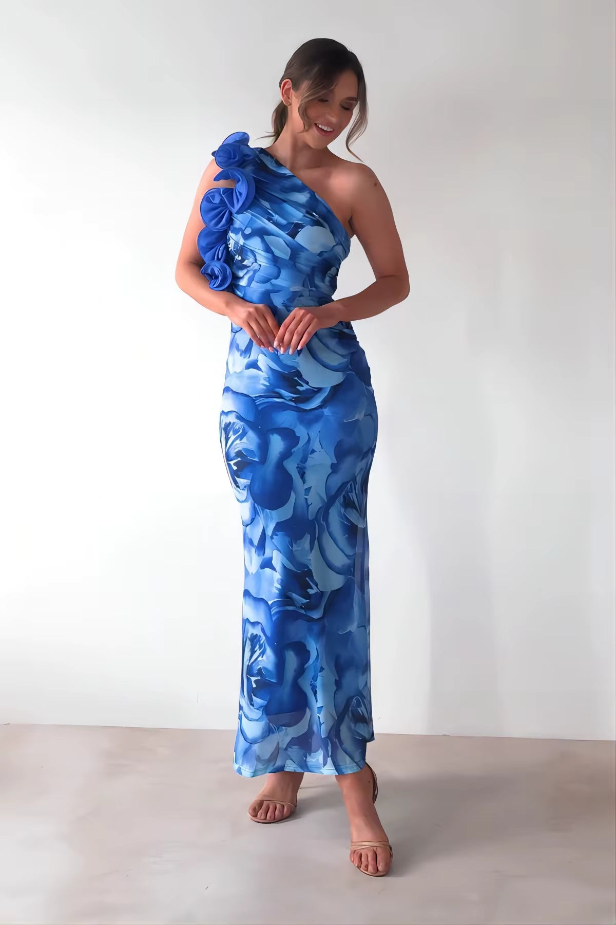 Elegant One-Shoulder Camisole Slant Shoulder Ankle-Length Maxi Dress