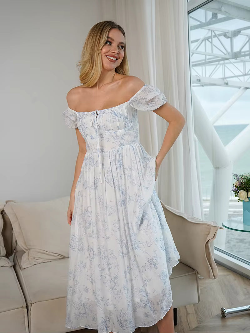 Casual Floral Off Shoulder Beach Style Short Sleeve Bodycon Bandage Midi Dress