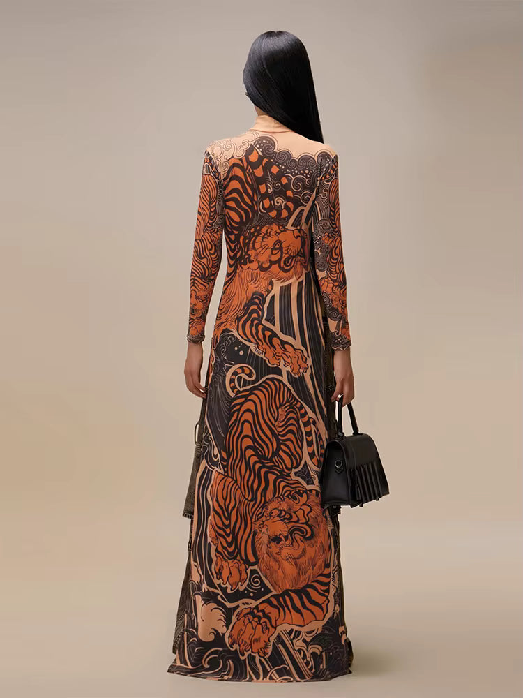 Elegant Print Long Sleeve High Neck High Slits High Skinny Maxi Dress