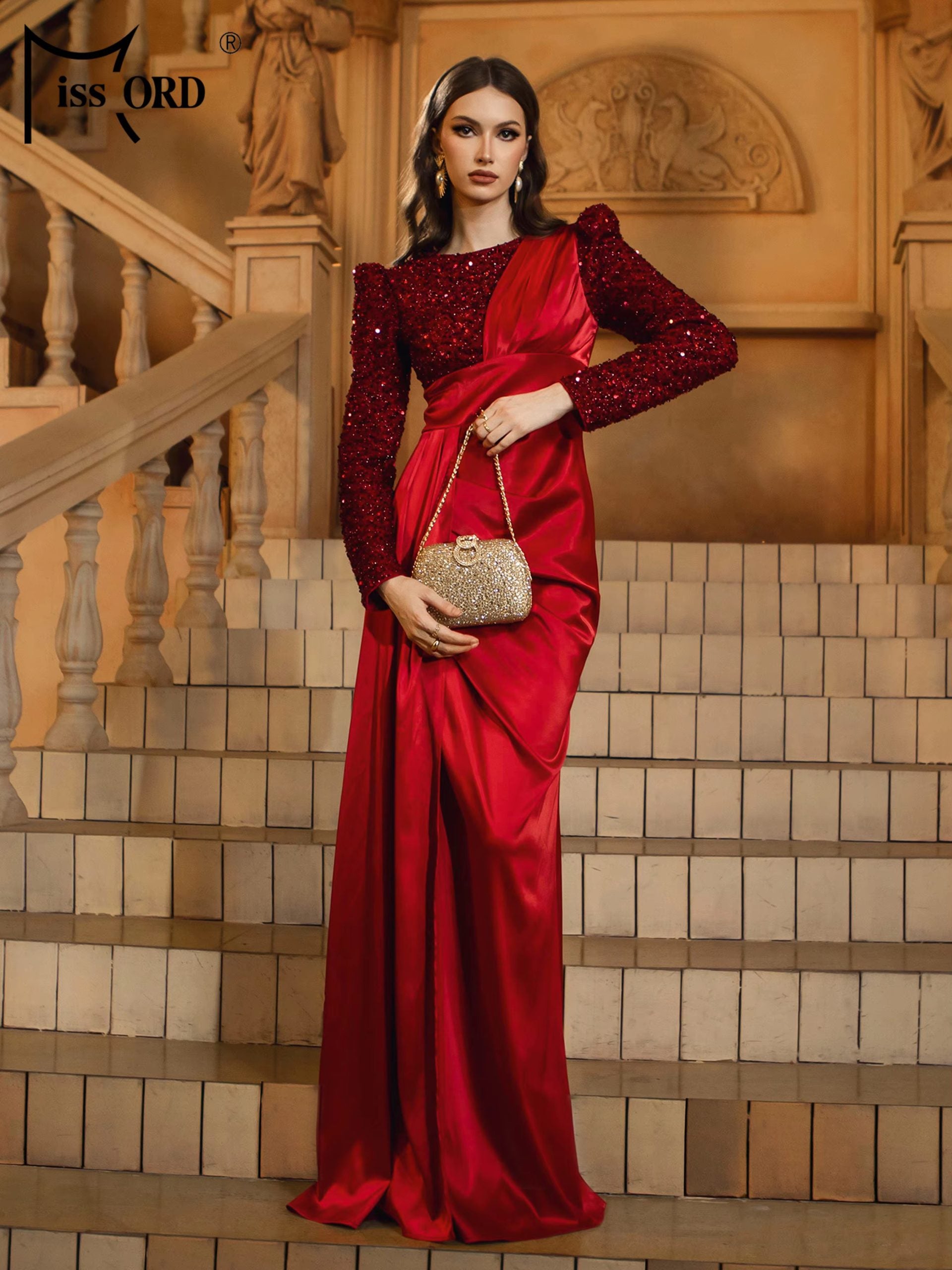 Elegant Round Church Neck Long Sleeved Sequin Satin Formal Dress