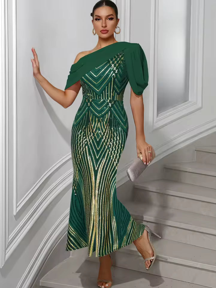 Elegant Chiffon Backless Ankle-Length Sequin Maxi Dress