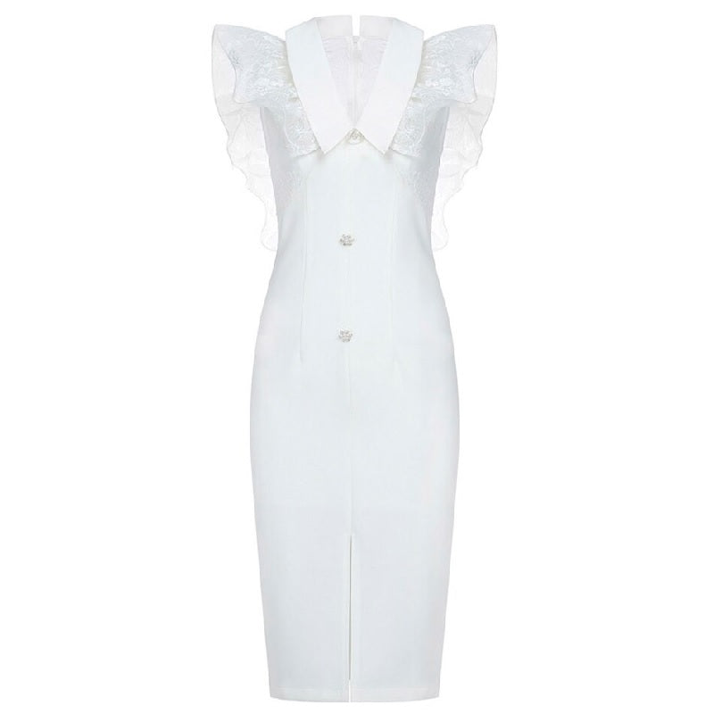 Patchwork Lace Pearl Button Bodycon Evening Party Dress