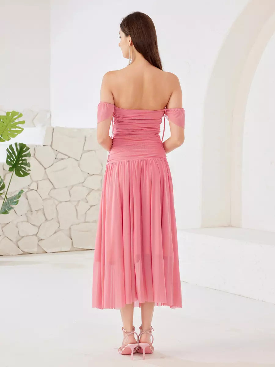 Elegant Off-shoulder Strapless Pleated Sleeveless Midi Dress