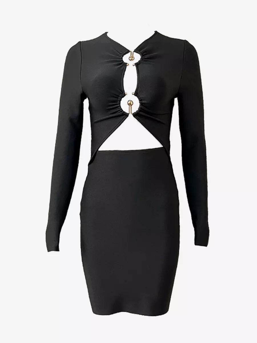 Elegant Metal Ring Cutout Polyester Bandage Bodycon Mini Dress