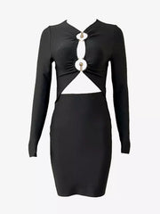 Elegant Metal Ring Cutout Polyester Bandage Bodycon Mini Dress