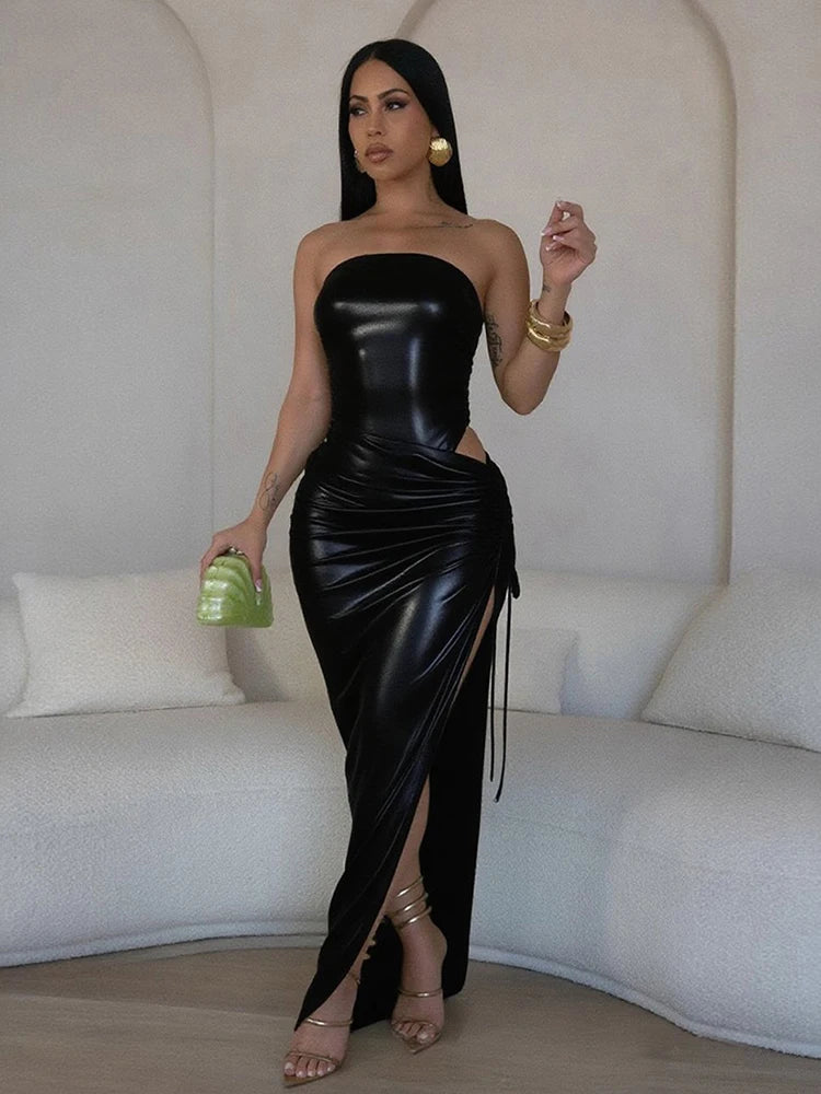2 Piece Set Party Club Outfits Hipster Solid Strapless Bodysuits Shirring Bandage Irregular Skirts