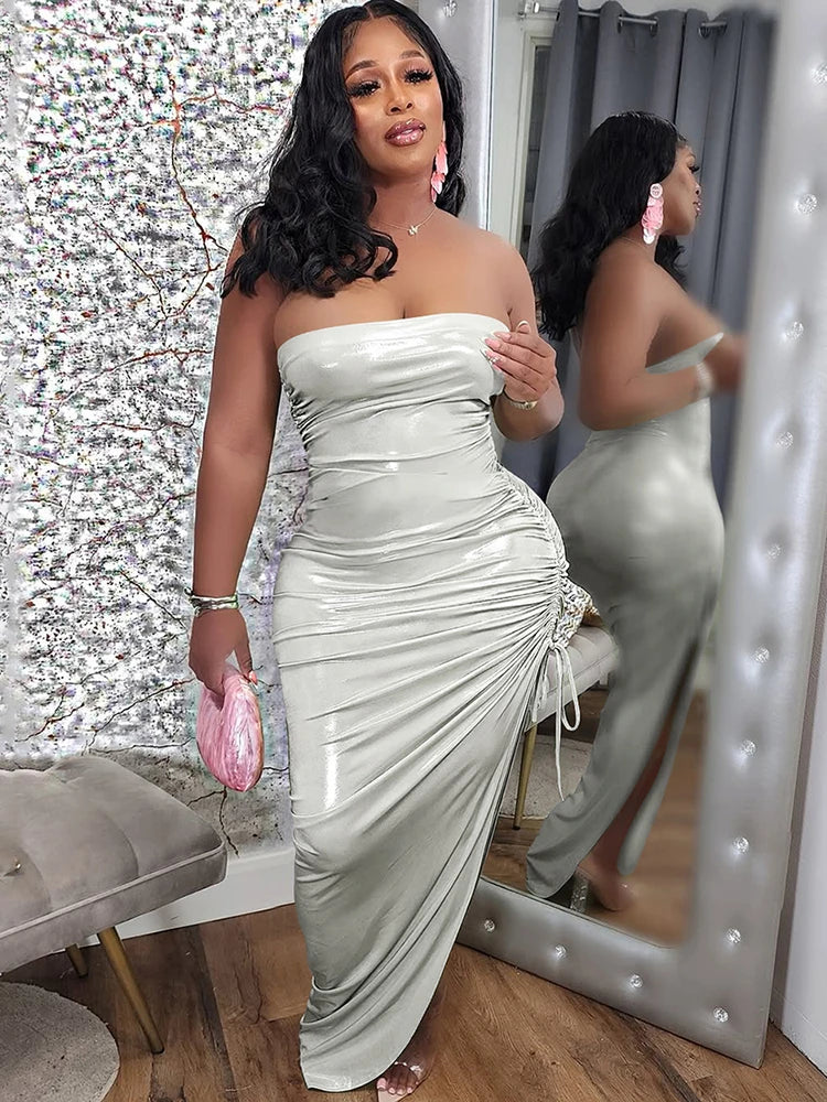 2 Piece Set Party Club Outfits Hipster Solid Strapless Bodysuits Shirring Bandage Irregular Skirts