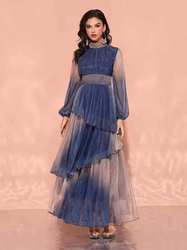 Luxury Stand Collar Lantern Sleeves And Ruffle Gradient Fabric Dress