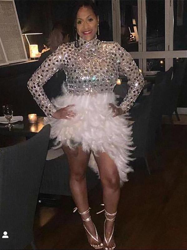 Rhinestone stretch bodycon feather patchwork dress party dress