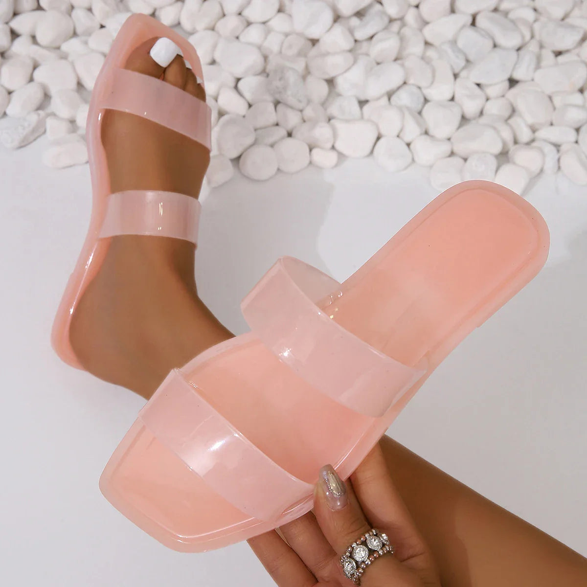 Candy Colored Jelly Slippers Transparent Square Toe Flip Flops for Open Toe Flat Casual Slides Beach Shoes