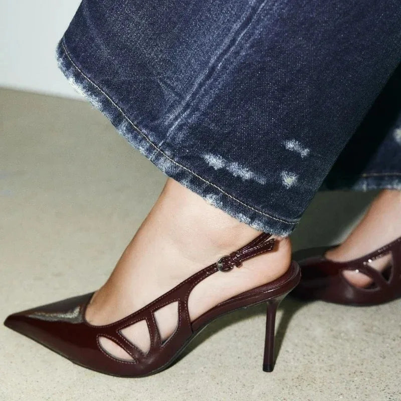 Luxury Designer Pumps Pointed Toe Patent Leather Slingback High Heel