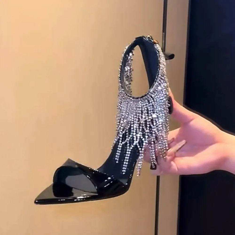 Crystal Tassels Sandals Ankle Zip Cover Strap Rhinestone High Heel