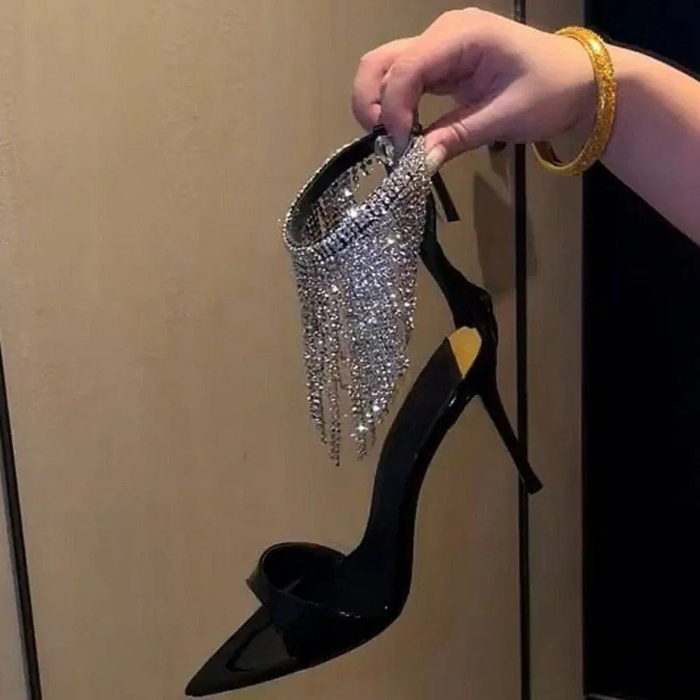Crystal Tassels Sandals Ankle Zip Cover Strap Rhinestone High Heel