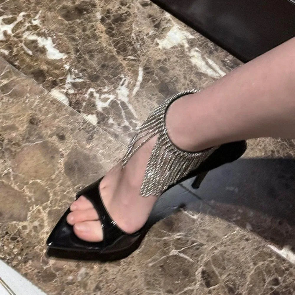 Crystal Tassels Sandals Ankle Zip Cover Strap Rhinestone High Heel