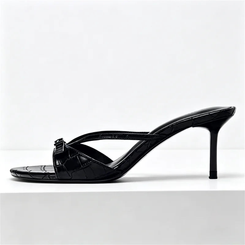Embossed Top Design Slippers Peep Toe Heel