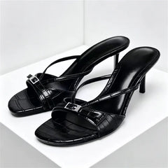 Embossed Top Design Slippers Peep Toe Heel