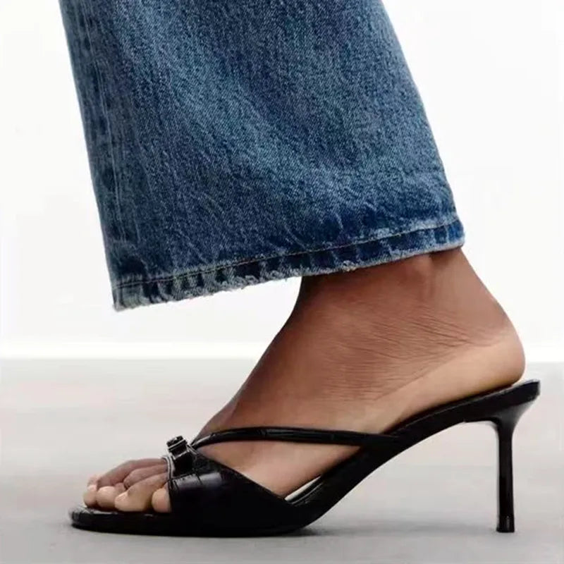 Embossed Top Design Slippers Peep Toe Heel
