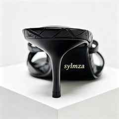 Embossed Top Design Slippers Peep Toe Heel