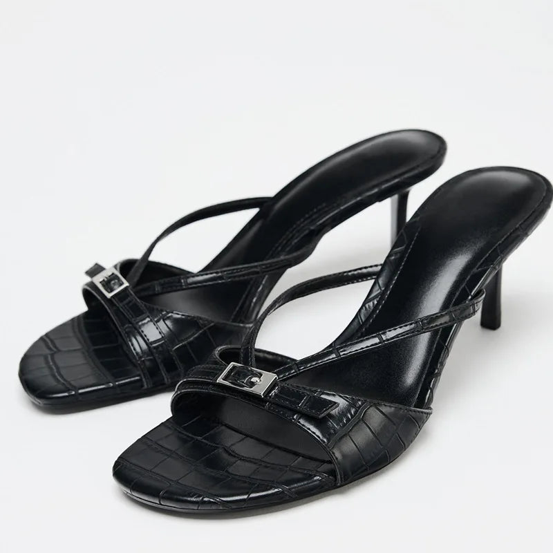 Embossed Top Design Slippers Peep Toe Heel