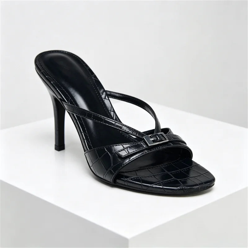 Embossed Top Design Slippers Peep Toe Heel