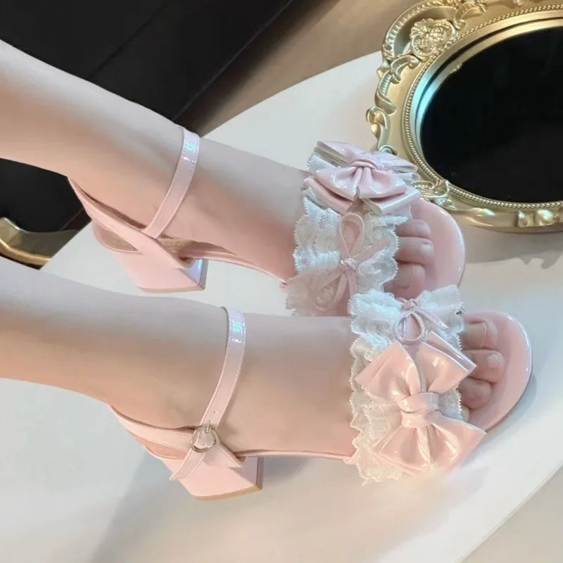 Sweet Pink Sandals Lace Elegant Bow Lolita Cute High Heel