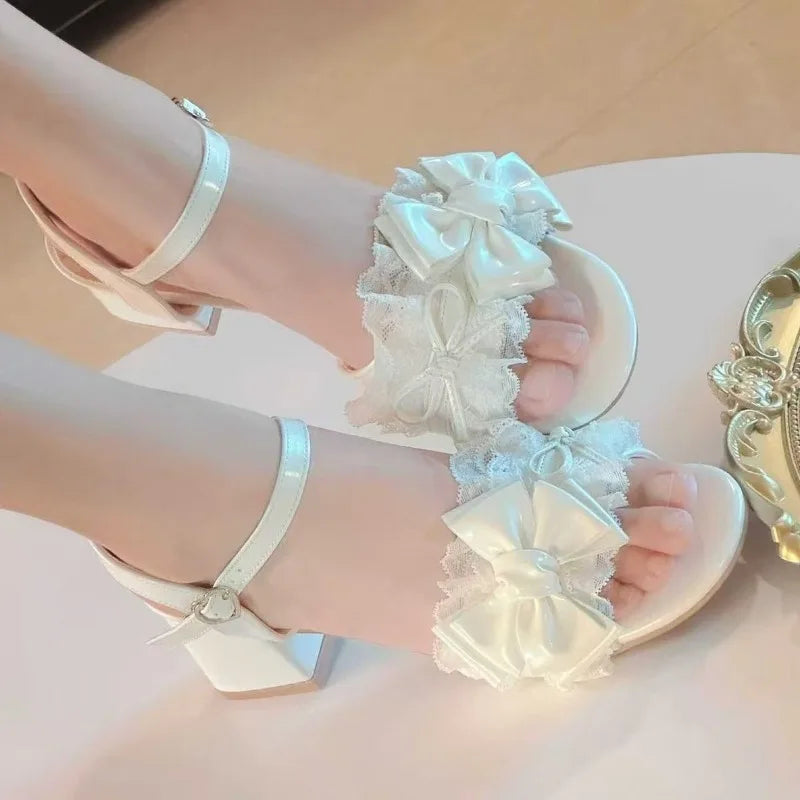 Sweet Pink Sandals Lace Elegant Bow Lolita Cute High Heel