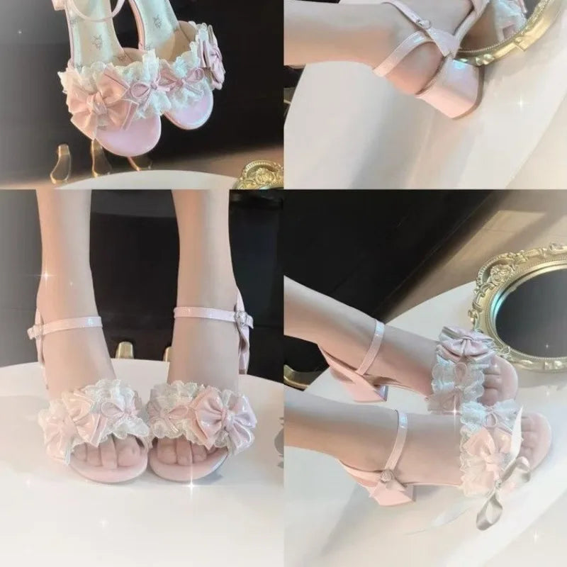 Sweet Pink Sandals Lace Elegant Bow Lolita Cute High Heel