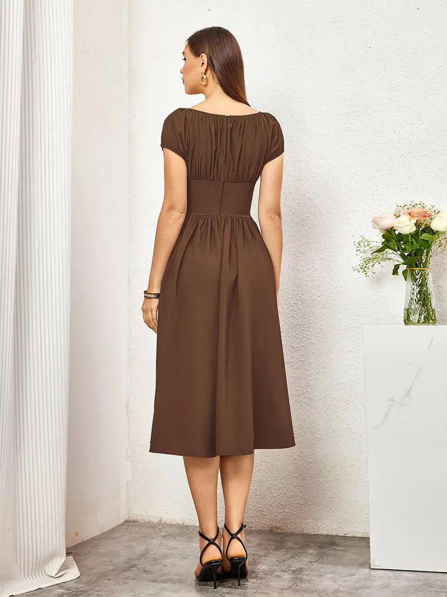 Elegant Pleated Square Neck Midi Dress With Puffed Sleeves