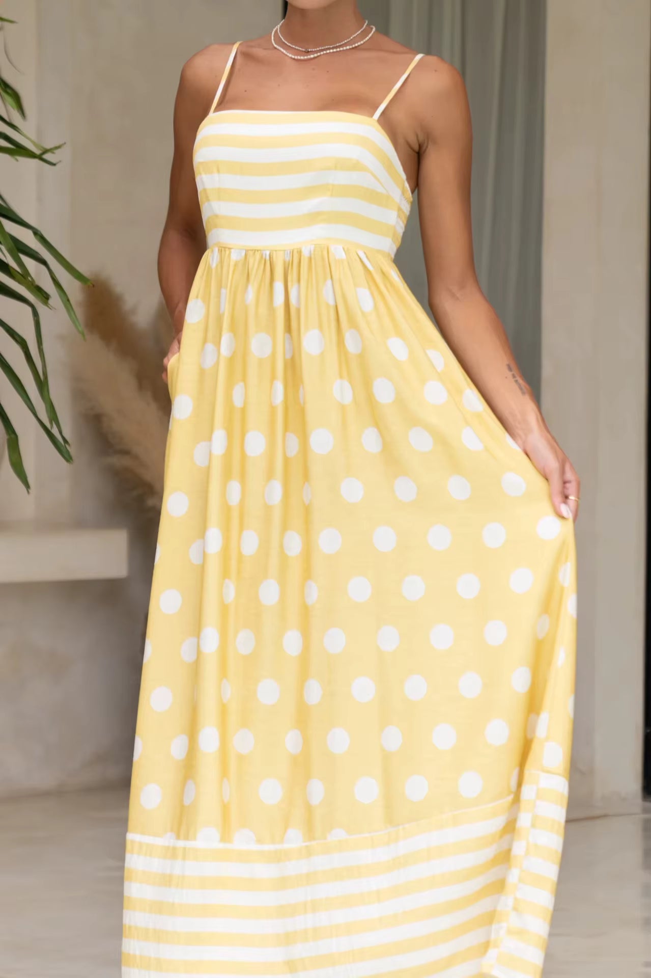 Elegant Strap Swing High Waist Printed Strap A-line Maxi Dress