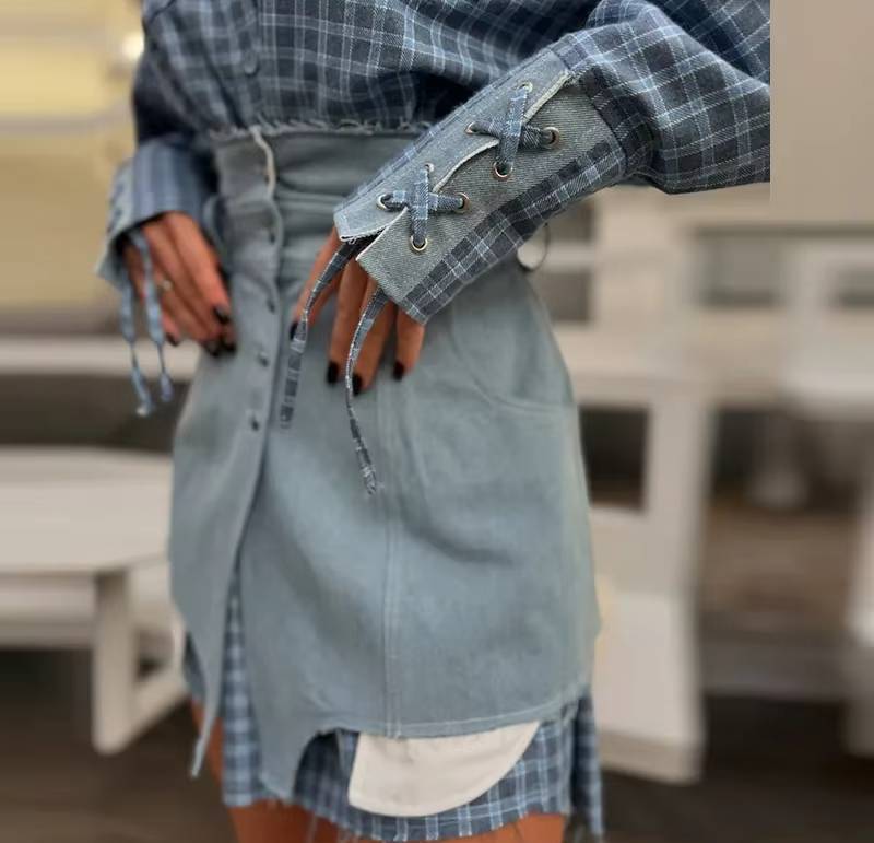 Preppy Style Patchwork Striped Long Sleeve Lapel Shirts And Skirt Slim Outfit