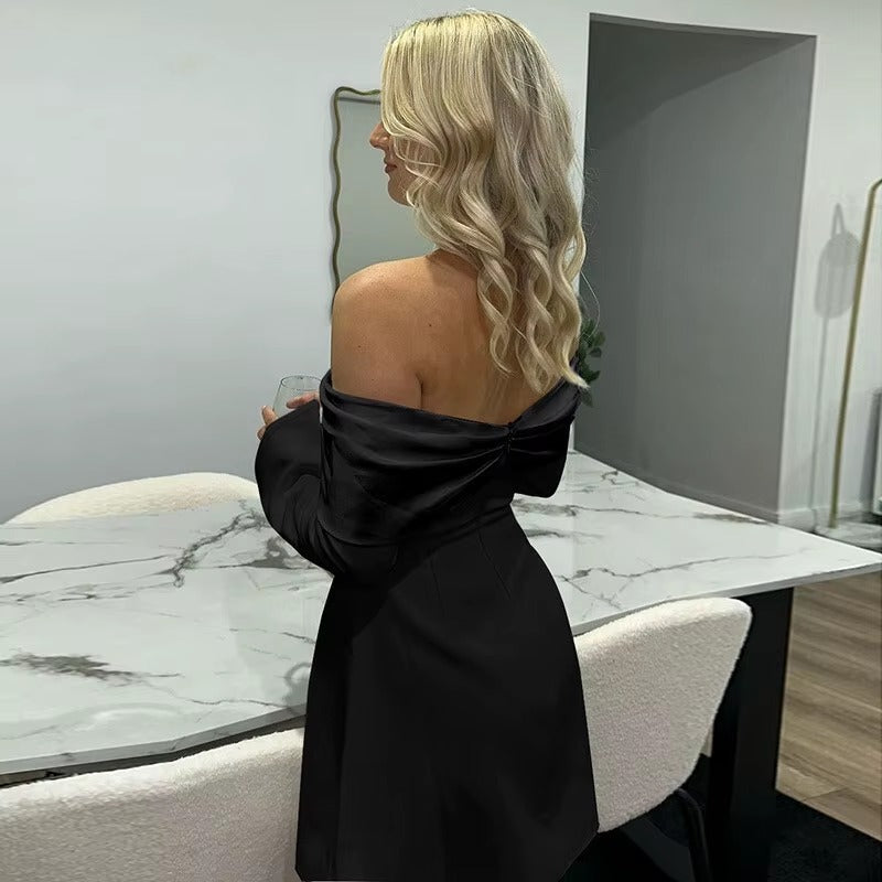 Elegant Off-shoulder Long Flare Sleeve Mini Blazer Dress