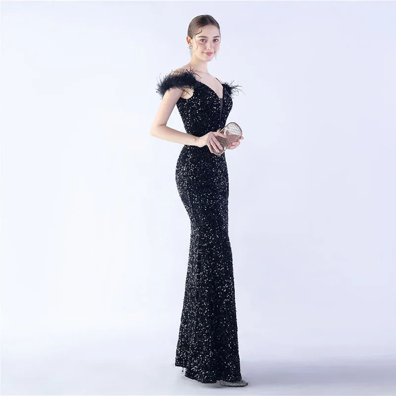 Luxury V-Neck Feathers Ostrich Fur High Density Sequin Sleeveless Maxi Dress