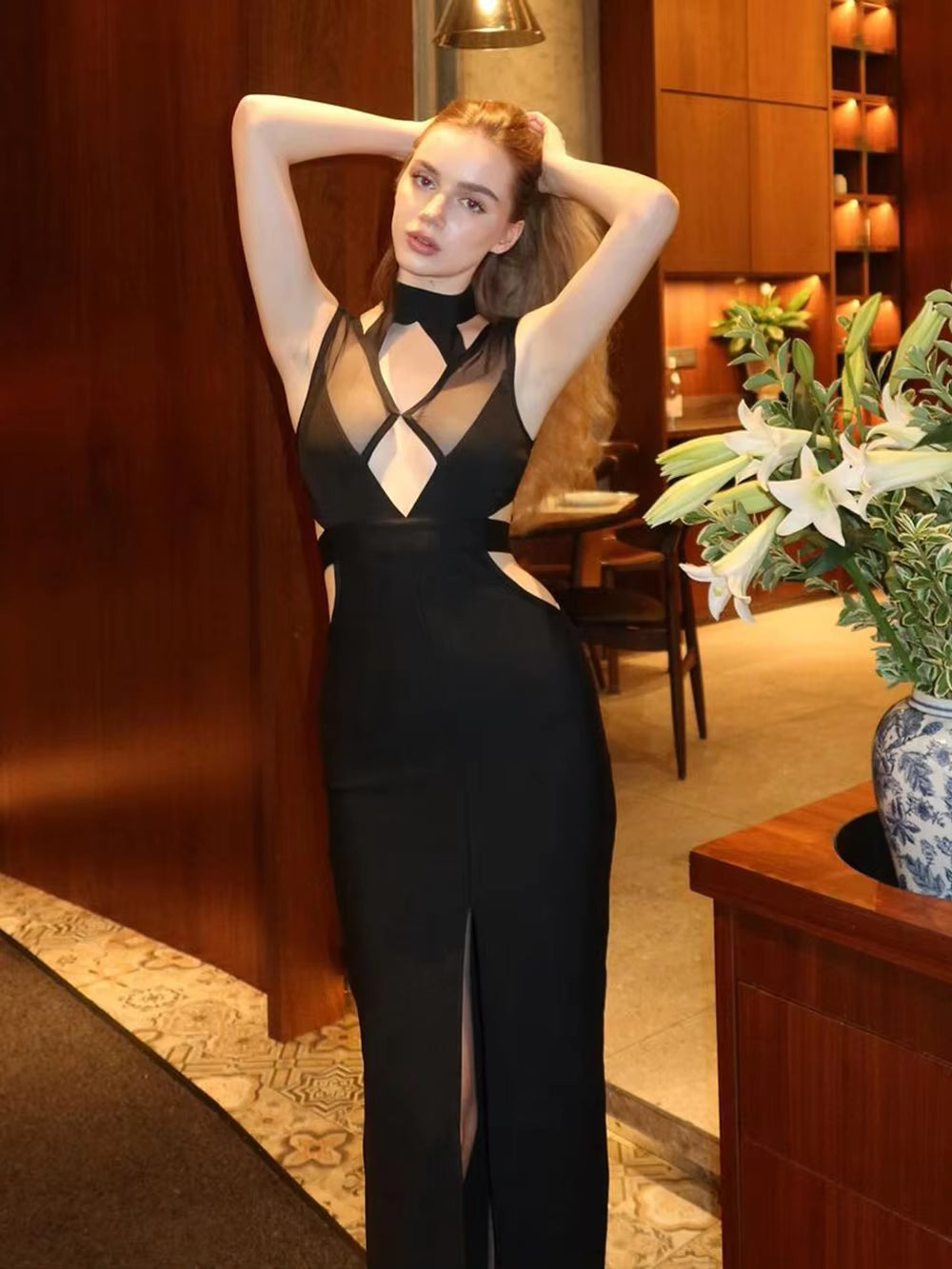 Elegant Patchwork Hollow Out Tight Design Celebrity Bandage Split Maxi Dress