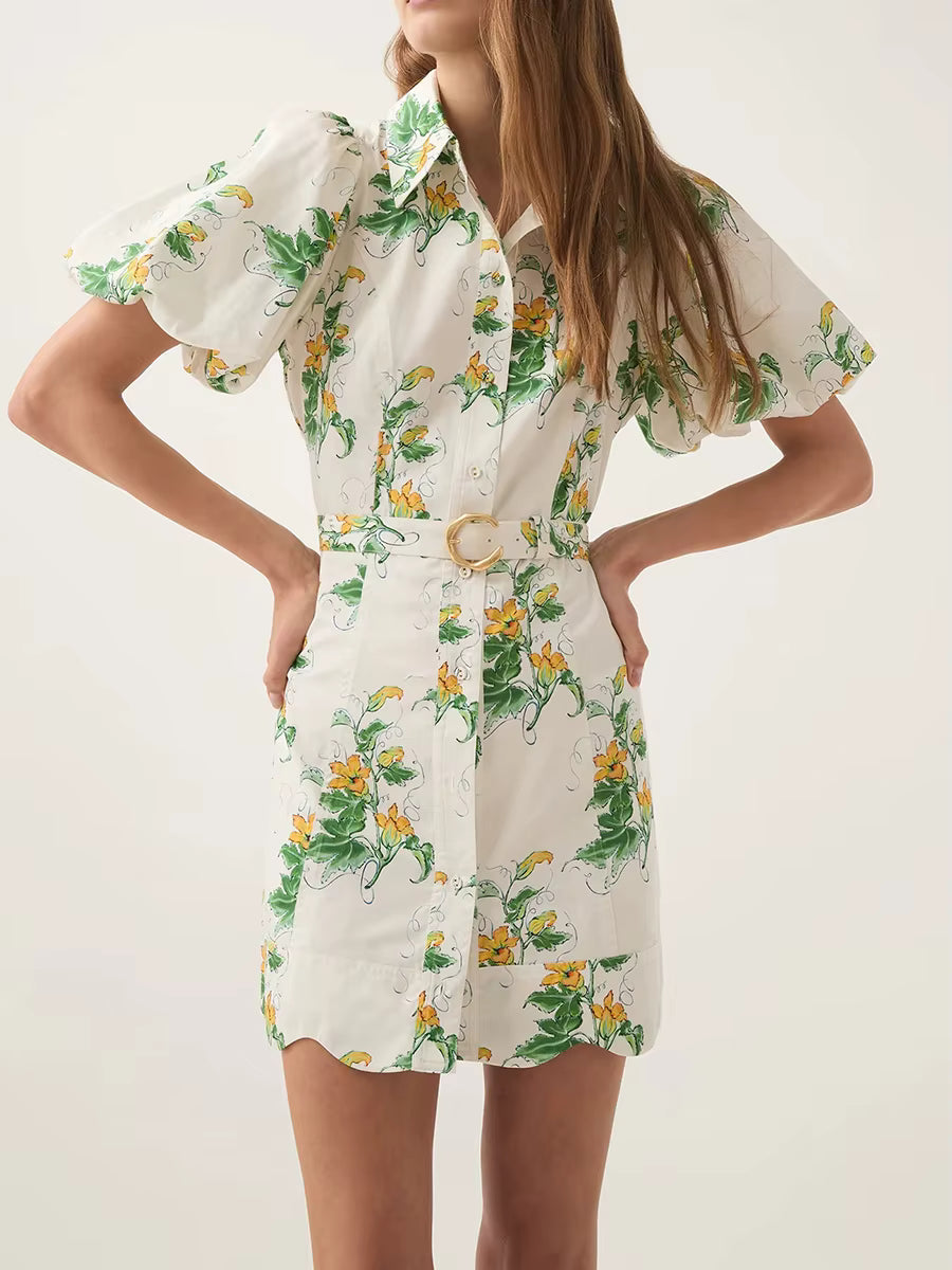 Elegant Short Lapel Lantern Sleeve High Waist Patchwork Sashes Printed Shirts Dress