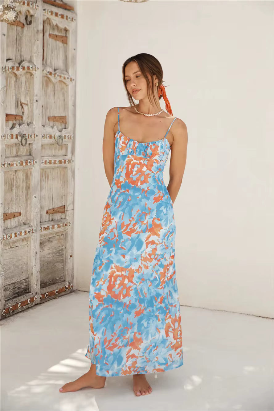 Elegant Tie Dyeing Style Bottom Chest Open Back Ankle Maxi Dress