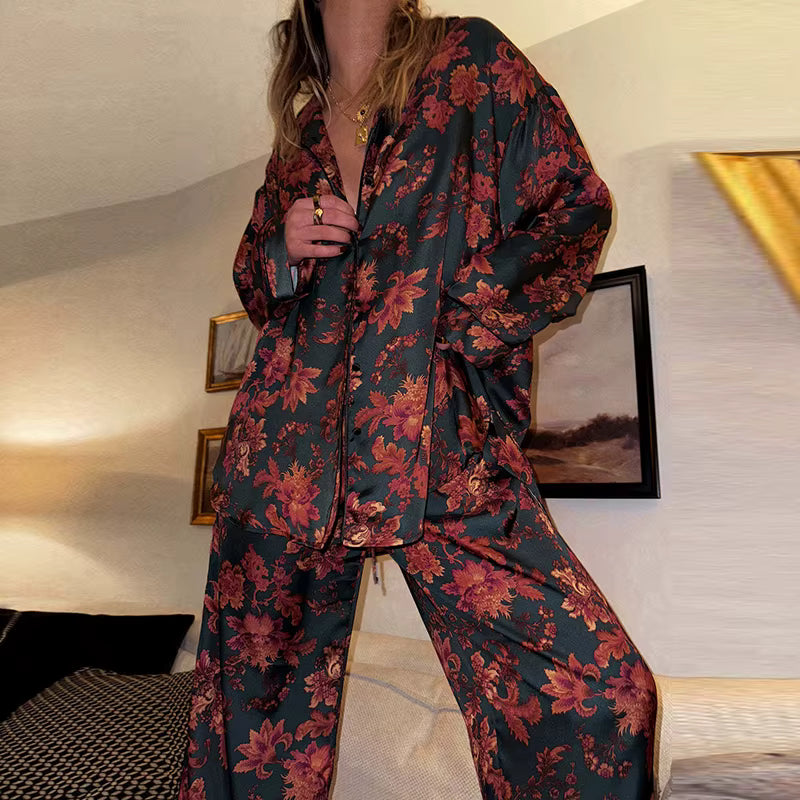 Floral Print Single Breasted Loose Lapel Shirts And Long Pant Two Piece Set