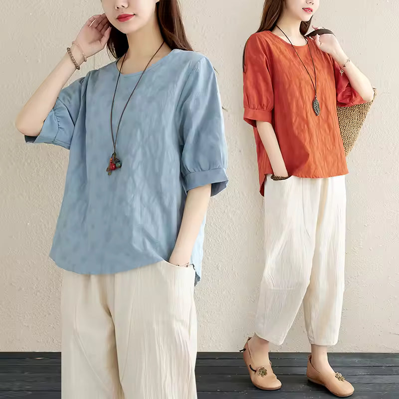 2Pcs Solid Short Sleeve Blouse Pants Office Lady Cotton Linen Set Casual Loose Tops And Trousers Sets