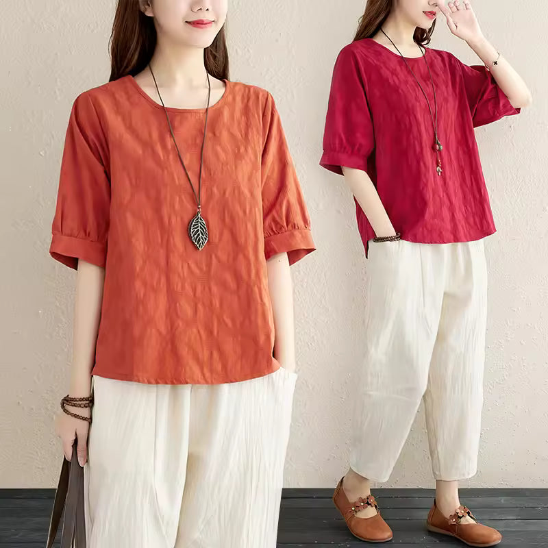 2Pcs Solid Short Sleeve Blouse Pants Office Lady Cotton Linen Set Casual Loose Tops And Trousers Sets