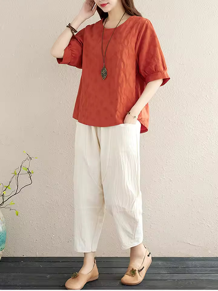 2Pcs Solid Short Sleeve Blouse Pants Office Lady Cotton Linen Set Casual Loose Tops And Trousers Sets